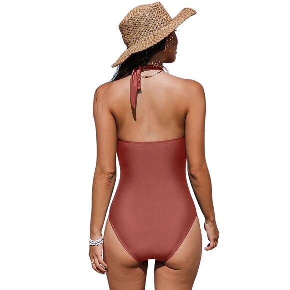 Cupshe Women's Brick Halter Plunge Tummy Control One Piece Swimsuit Size M - Picture 3 of 7